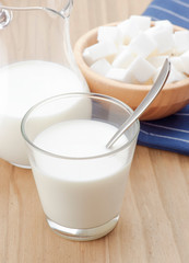 glass of milk with spoon and sugar cubes