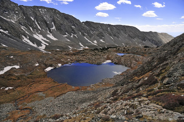 Obraz premium High altitude clear alpine lakes in the Rocky Mountains, as viewed from a mountain summit above while hiking and backpacking.