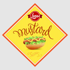 Mustard Label. Vector Illustration with Hand Lettered Text and Hot Dog with Mustard Illustration.