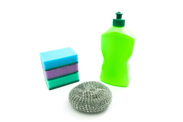 bottle and sponges on white