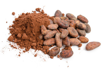 Kakaopulver und Kakaobohnen - obrazy, fototapety, plakaty