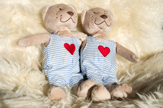 two teddy Bear with Heart  on lambskin background