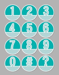 White hatched number set on a green background. Artistic number in circle shapes. Infographic element, useful in presentation template, included question mark and hash tag