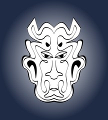 Devil face, carnival mask. Monochromatic calligraphic symmetric drawing on dark blue gradient background. Vector illustration