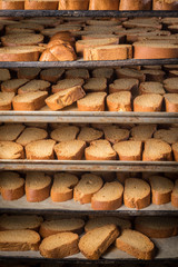 rack of organic baked biscuits in an industrial oven