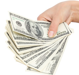 Dollars in hand on a white background