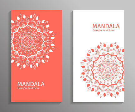 Greeting, Invitation Card, Flyer In Light Colors With Mandala Ornament. Vector Ornamental Mandala. Stylish Geometric Pattern In Oriental Style. Arabic, Indian, Turkish, Pakistan, Asian Motif. 