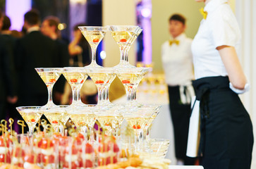 Champagne pyramid on event, party or banquet 