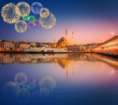 Panorama of Istanbul at a dramatic sunset with fireworks