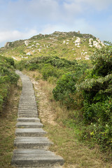 View of long flight of steps to the Ling Kok Shan hill at the Lamma Island in Hong Kong, China.