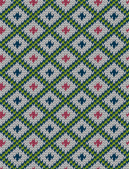 Knitted bright seamless winter holiday pattern with stylized nordic sweater ornament. Clothing design. Vector illustration.