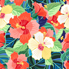 Plakaty  tropikalny kolorowy wzór hibiskusa