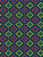 Knitted bright seamless winter holiday pattern with stylized nordic sweater ornament. Clothing design. Vector illustration.
