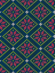 Knitted bright seamless winter holiday pattern with stylized nordic sweater ornament. Clothing design. Vector illustration.