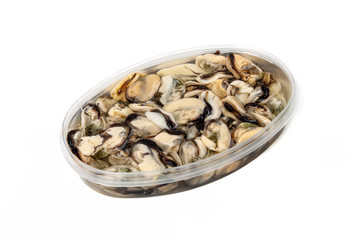 Marinated mussels on a white background