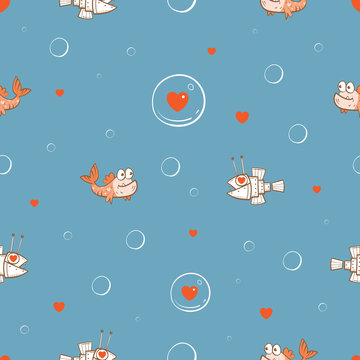 Vector seamless pattern by Valentine's Day with cartoon fishes in love on  blue background.
