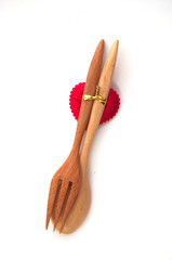 Wooden fork spoon, isolated on white,souvenir in wedding