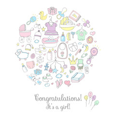 Obraz premium Set of baby shower design vector illustration icons, hand drawn baby care elements, it's a baby girl design icons, children's girl clothing, toy, bib, nappy, carriage, socks, bottle, baby foot print