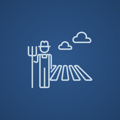 Farmer with pitchfork line icon.