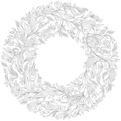 Pattern for coloring book. Floral, doodle, vector, wreath