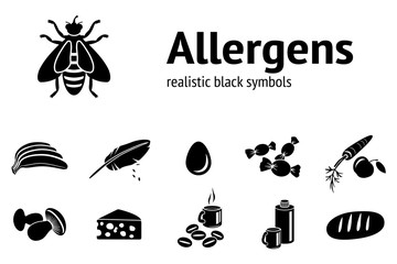 Allergen set. Insect, cheese, down, sweets, milk, bread, banana, egg, mushroom, coffee. Food and common allergen black symbols. Vector