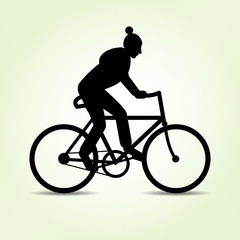 Teenager, guy goes by bike. Male bicycle icon. Sport symbol. Black silhouette with shadow on light green. Minimalistic flate design. Vector