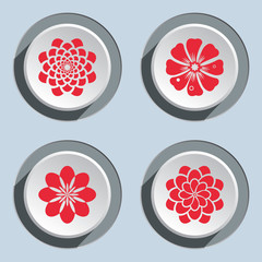 Flower circle icons set. Dahlia, aster, daisy, chamomile, gowan. Floral symbol. Round red flat signs on white-gray button. Autumn theme. Vector