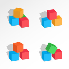 Set of tree cubes compositions. Perspective view. Association, union, join, building, logo, project, game symbol. Colorful icons with shadow. Infographic elements. Vector
