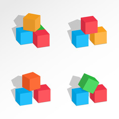 Obraz premium Set of tree cubes compositions. Perspective view. Association, union, join, building, logo, project, game symbol. Colorful icons with shadow. Infographic elements. Vector