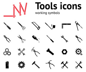 Tools icons set. Glue, pliers, tongs, wrench key, cogwheel, hammer, rubber gloves, screw bolt, nut, scissors, chisel, saw, pinchbar, angle. Repair fix tool symbols. Vector