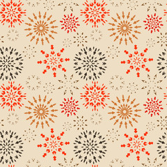 Christmas seamless pattern. Brown and orange snowflake signs on beige background. Winter theme retro texture. Chocolate snow. Vector illustration