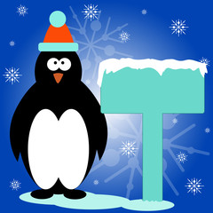 Christmas greeting card with cute penguin and place for your text.