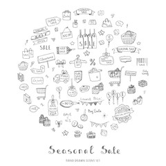 Hand drawn doodle Seasonal Sale Concept set Vector illustration Sketchy Sale icons Special offer elements Tags Clearance Shopping Ribbons Cart, Delivery truck Discount Save up to icons