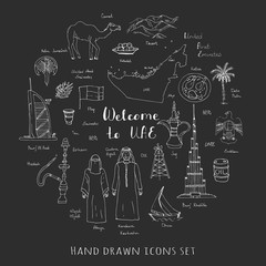 Hand drawn doodle UAE set Vector illustration Sketchy Emirati food icons United Arab Emirates elements Arabic Dubai Abu Dhabi Burj Al Arab Khalifa Camel Oil Abaya Hijab Kandura Muslim Travel icons