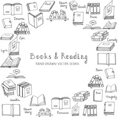 Hand drawn doodle Books and Reading set Vector illustration Sketchy book icons reading books elements Set of books Vector symbols of reading and learning Book club illustration, Education logo element