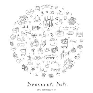 Hand drawn doodle Seasonal Sale Concept set Vector illustration Sketchy Sale icons Special offer elements Tags Clearance Shopping Ribbons Cart, Delivery truck Discount Save up to icons
