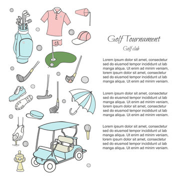 Hand drawn doodle Golf set collection Vector illustration for golfing article, Sketchy Golf icons Golf flyer in line style vector Golfer Equipment Golf club background Ball Bag Flag Putter Golf cart 