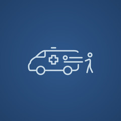 Man with patient and ambulance car line icon.