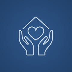 Hands holding house symbol with heart shape line icon.