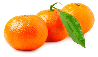 Three ripe mandarins isolated on white background