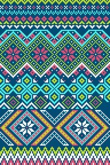 Pixel bright seamless pattern with stylized winter nordic ornament. Vector illustration.