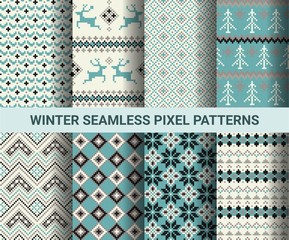 Collection of pixel retro seamless patterns with stylized winter Nordic ornament. Vector illustration.