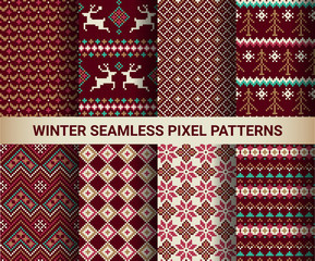 Collection of pixel bright seamless patterns with stylized winter Nordic ornament. Vector illustration.