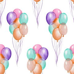 A seamless party pattern with the watercolor hand drawn air balloons. Painted on a white background.