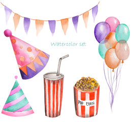 Watercolor party and circus set in the form of garland of the flags, pop corn, air balloons and party hats. Painted on a white background.
