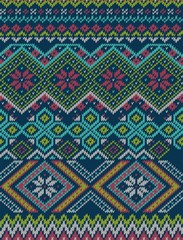 Knitted bright seamless winter holiday pattern with stylized nordic sweater ornament. Clothing design. Vector illustration.