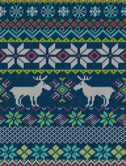 Knitted bright seamless winter holiday pattern with stylized nordic sweater ornament. Clothing design. Vector illustration.