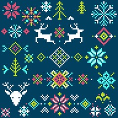 Collection of pixel elements for winter Nordic ornament. Vector illustration