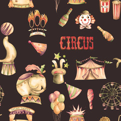 A seamless pattern with the watercolor retro hand drawn circus elements: air balloons, pop corn, circus tent (marquee), ice cream, circus animals, clowns, Ferris wheel. Painted on a dark background © nastyasklyarova
