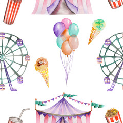 A seamless pattern with the watercolor circus hand drawn elements: air balloons, pop corn, circus tent (marquee), ice cream and  Ferris wheel. Painted on a white background. © nastyasklyarova